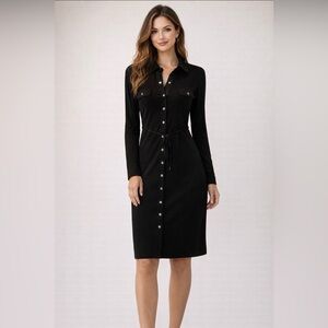 NWT White House Black Market Elegant Black Button-Down Dress mid length size Xs